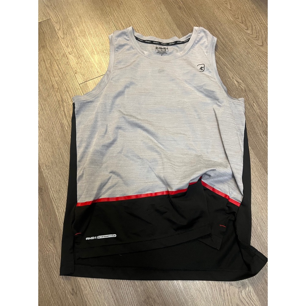 AND1 Mens Stop Sweating Me Basketball Tank Top Gray Black Red Large